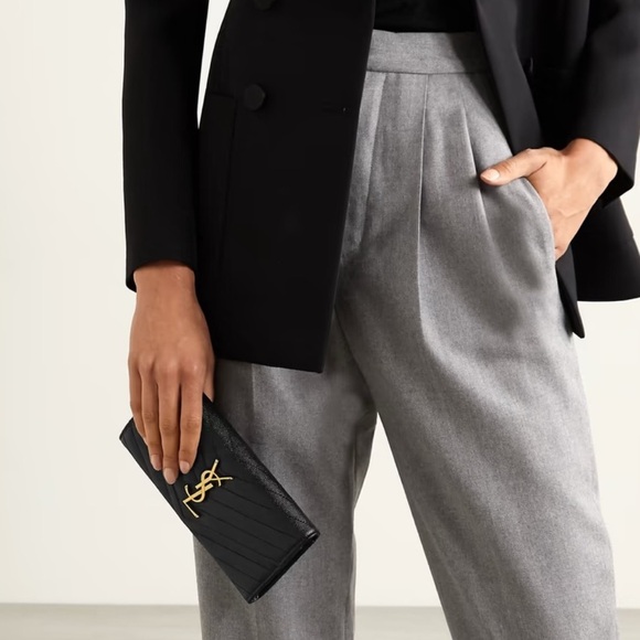 YVES SAINT LAURENT YSL MONOGRAM CHEVRON  BLACK GOLD  CONTINENTAL FLAP WALLET - Picture 2 of 16